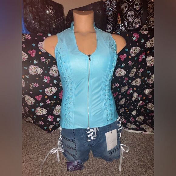 Lydia Lace Up Corset Top in Baby Blue - Picture 1 of 4